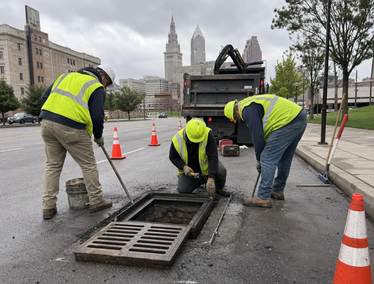Three construction workers in yellow safety vests repair a storm drain on a city street. Traffic cones surround them, and a truck is parked nearby. Tall buildings and cloudy skies are visible in the background.