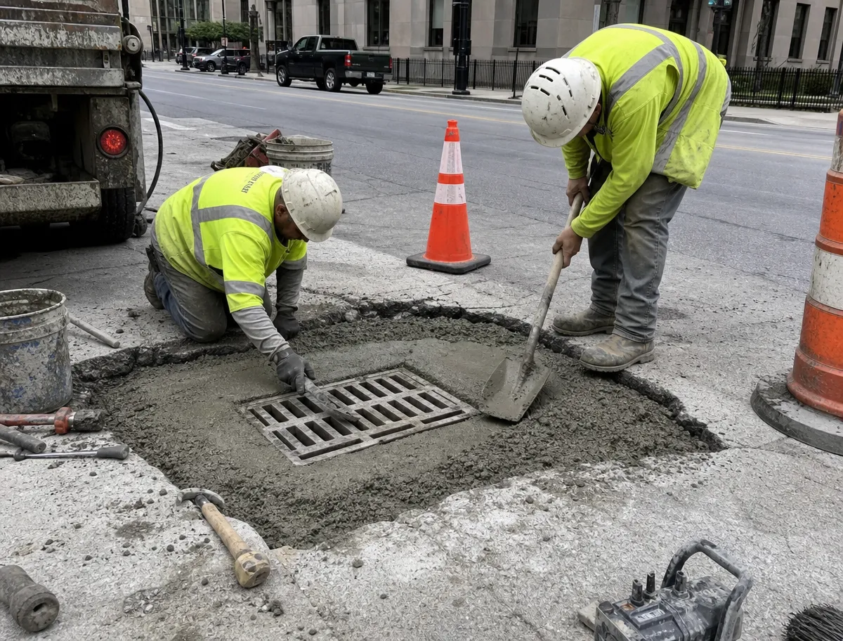 Two construction workers in yellow safety gear lay fresh concrete around a storm drain on a city street. Traffic cones and tools are visible nearby as they smooth the surface.