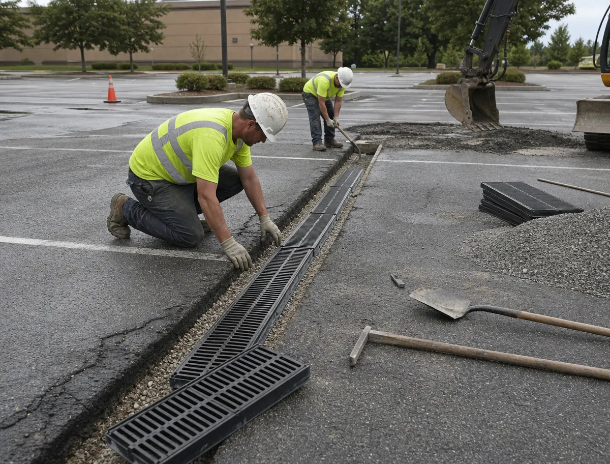 Two workers in safety gear install a drainage grate in a parking lot. One kneels placing the grate, while the other works nearby. Tools and construction equipment are visible. Trees and a building appear in the background.