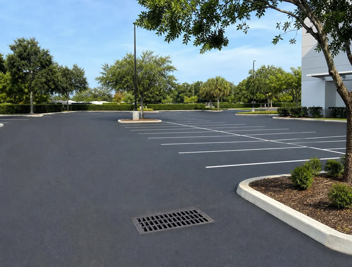 Empty parking lot with freshly painted white lines, surrounded by green trees and bushes. A building wall is visible on the right, and a storm drain is in the foreground. The sky is clear and blue.