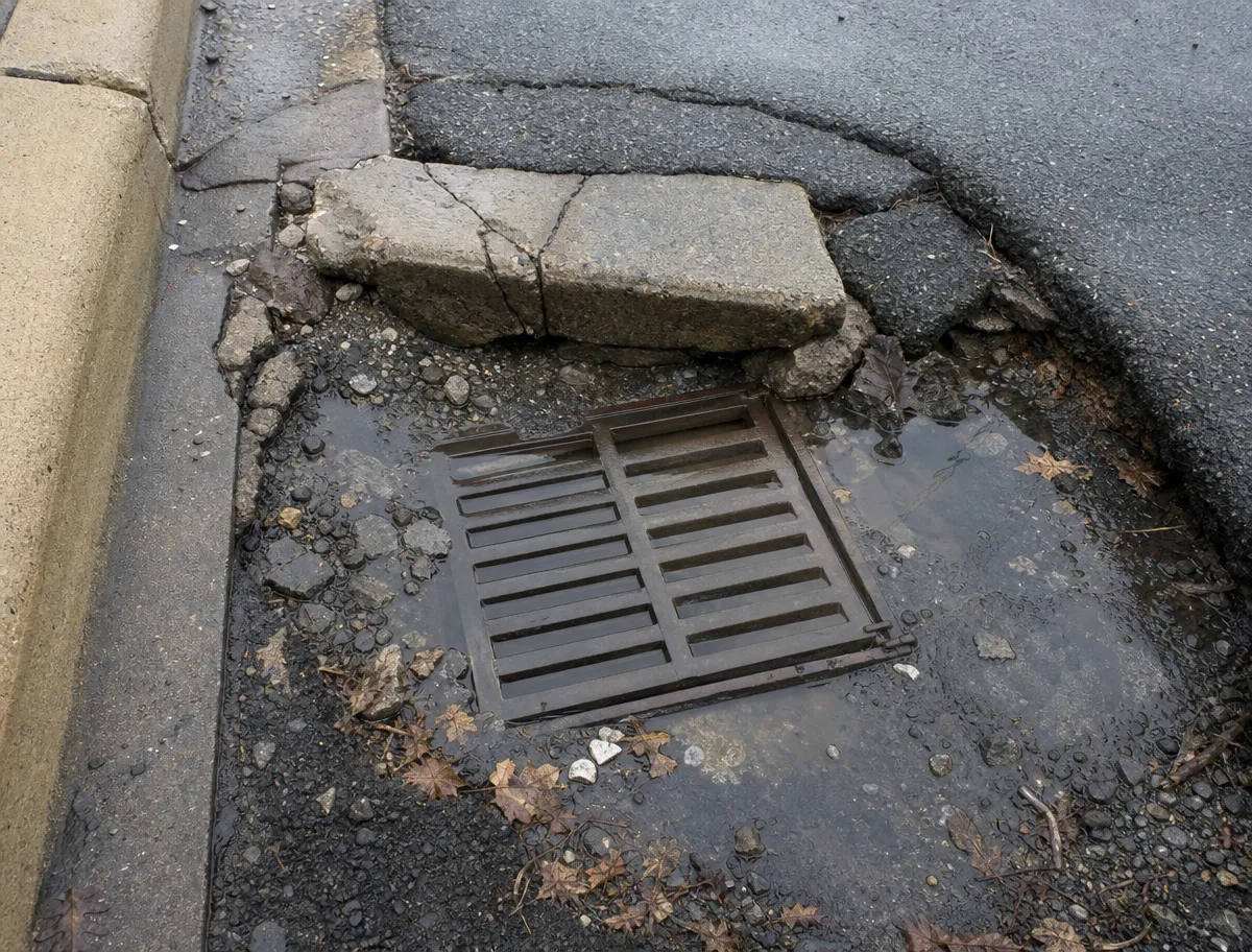 A storm drain surrounded by broken pavement and standing water, with debris and leaves scattered around the damaged area near a curb.
