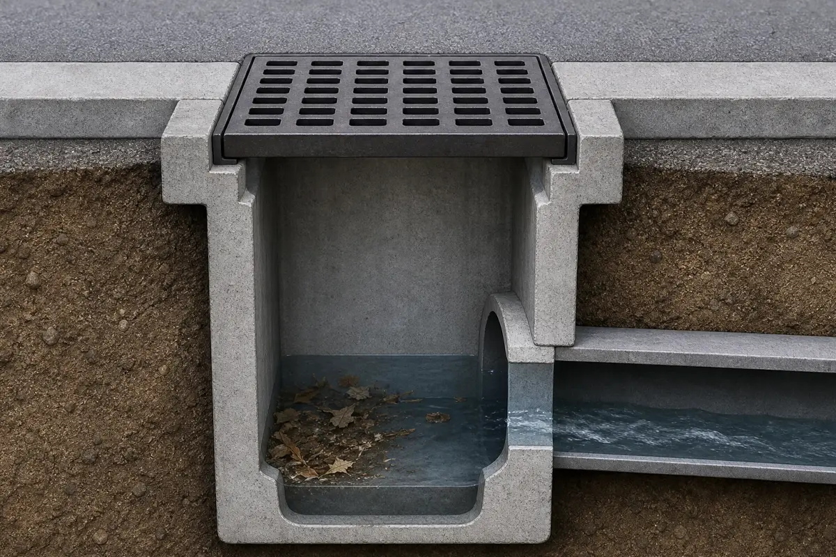 A cross-section of a storm drain shows water and leaves inside, with the drain cover on top and a pipe leading water away to the right. Soil and pavement layers are visible around the structure.