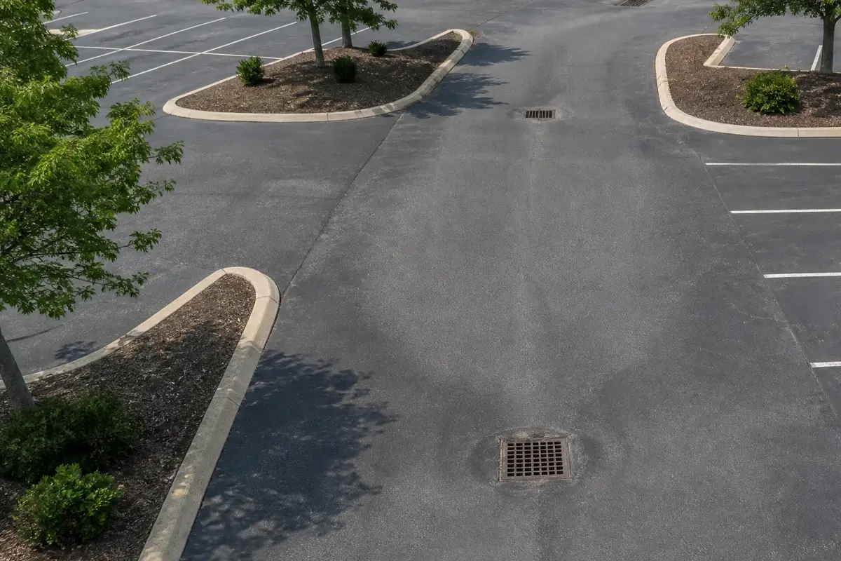 A mostly empty parking lot with a few small trees and landscaped islands. There are no cars parked, and a storm drain is visible in the center of the pavement.