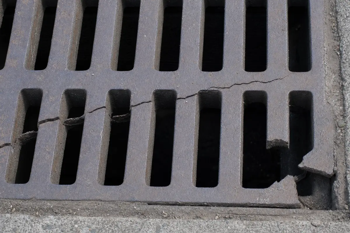 A metal storm drain grate with a visible crack running through it and a broken corner, set in concrete.
