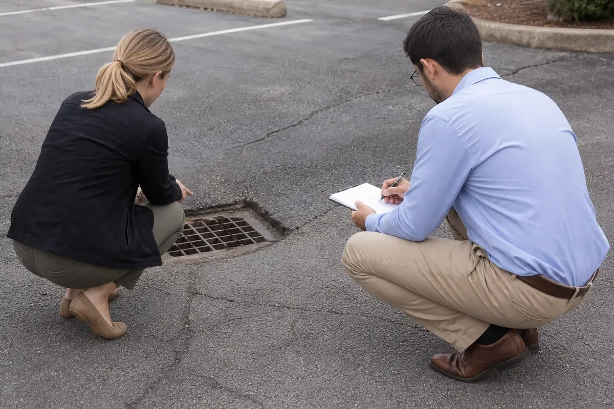 Two people crouch on a parking lot near a storm drain with cracked asphalt. One examines the drain, while the other takes notes on a clipboard.