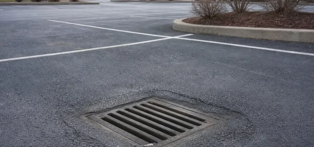 A metal storm drain grate is set into the pavement of an empty parking lot, with white parking lines and a small landscaped area with bare bushes visible in the background.