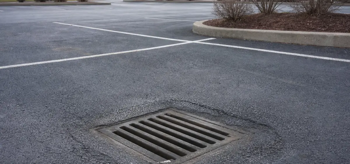 A metal storm drain grate is set into the pavement of an empty parking lot, with white parking lines and a small landscaped area with bare bushes visible in the background.