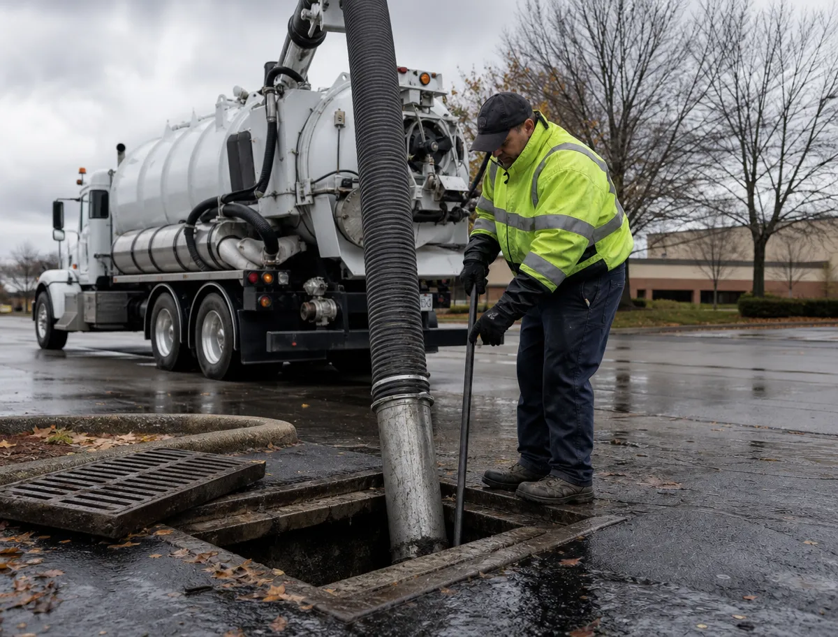 A worker in a yellow jacket uses a large vacuum hose to clean a storm drain in a parking lot, with a specialized truck parked nearby. Bare trees and a building are visible in the background on a cloudy day.
