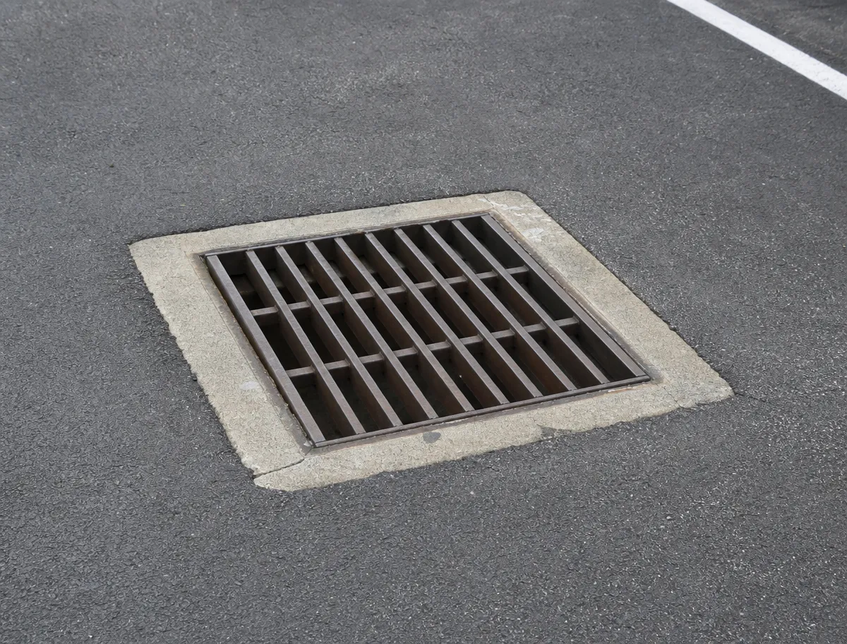 Square metal storm drain grate set in concrete, surrounded by asphalt pavement with a white line nearby.