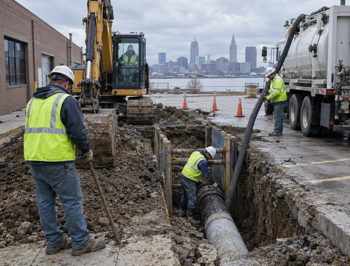 Four construction workers repair a large underground pipe near a city waterfront, using an excavator and a vacuum truck. The workers wear safety vests and helmets, and the city skyline is visible in the background.