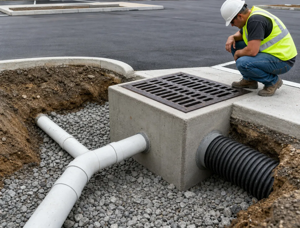 A construction worker in a hard hat and safety vest inspects a concrete storm drain with pipes and gravel at a construction site.