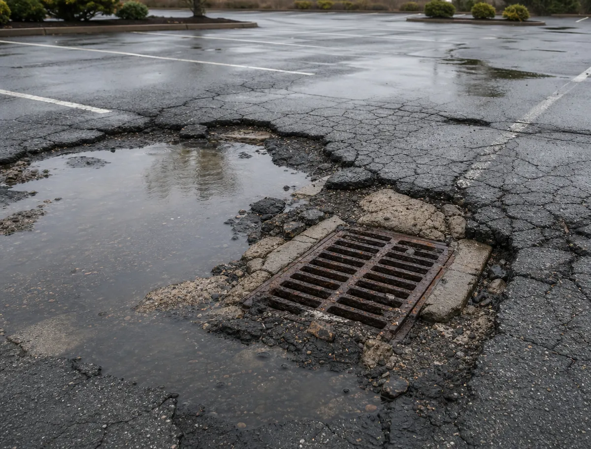 A large pothole filled with rainwater surrounds a metal storm drain in the middle of a cracked, empty parking lot.