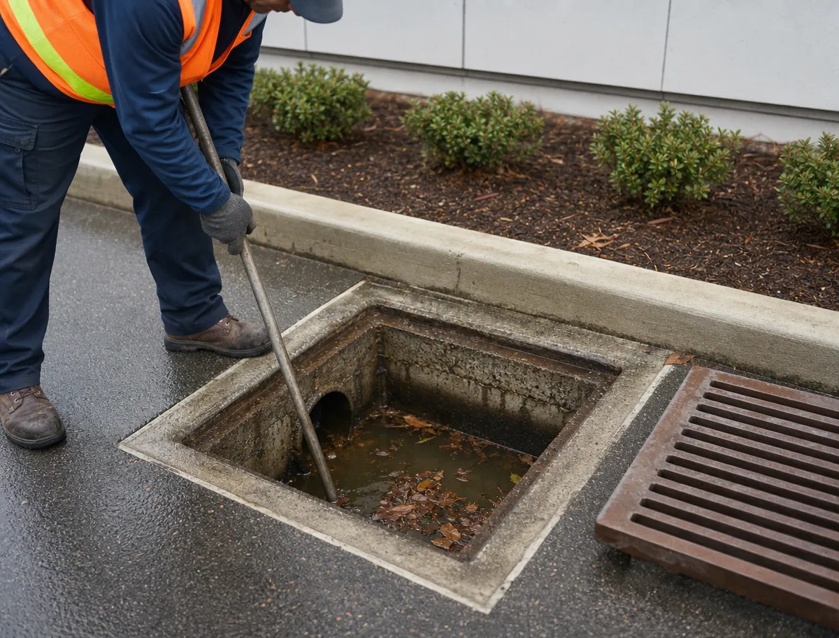 A worker in a safety vest uses a tool to clear debris from a storm drain on a wet street, with a metal grate set aside and bushes planted nearby.
