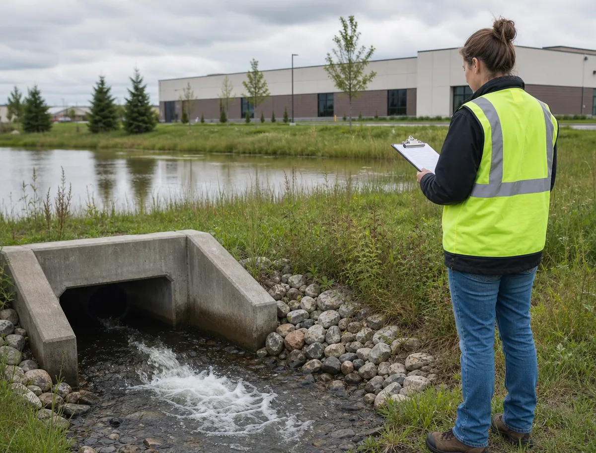 A person in a yellow safety vest stands by a stormwater drain with water flowing out, holding a clipboard and inspecting the area near a pond and a building.