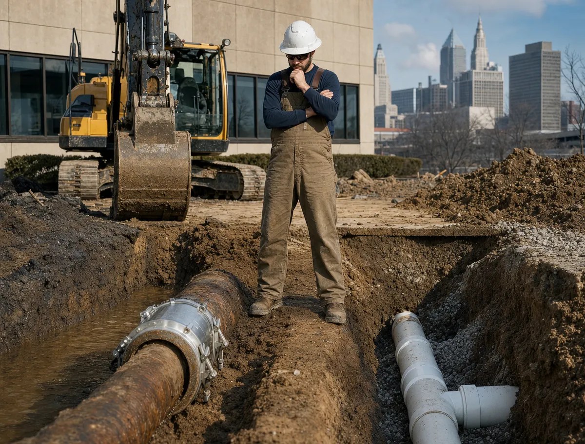 A construction worker in overalls and a white hard hat stands thoughtfully in a trench with large pipes, next to an excavator, with city buildings in the background.
