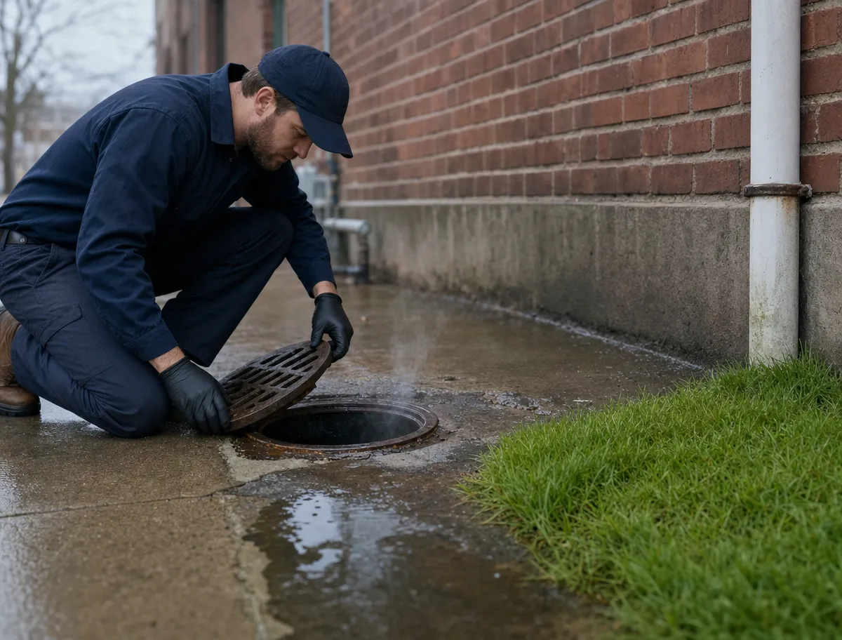 A person in dark work clothes and gloves lifts a manhole cover on a wet sidewalk next to a brick building and grass, with steam rising from the open drain.