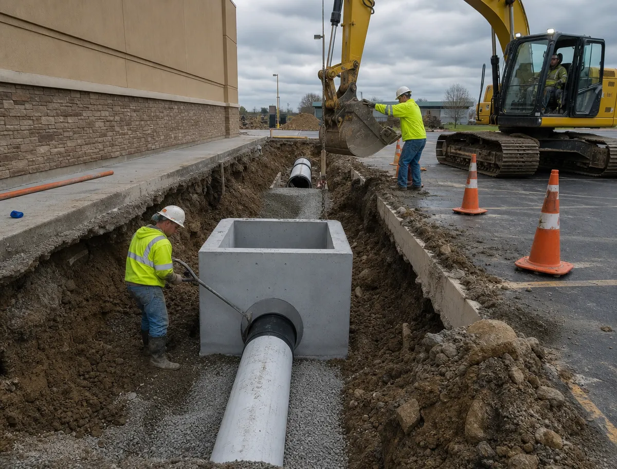 Two construction workers install a large concrete pipe and junction box in a trench beside a building, while an excavator and orange safety cones are nearby on a cloudy day.