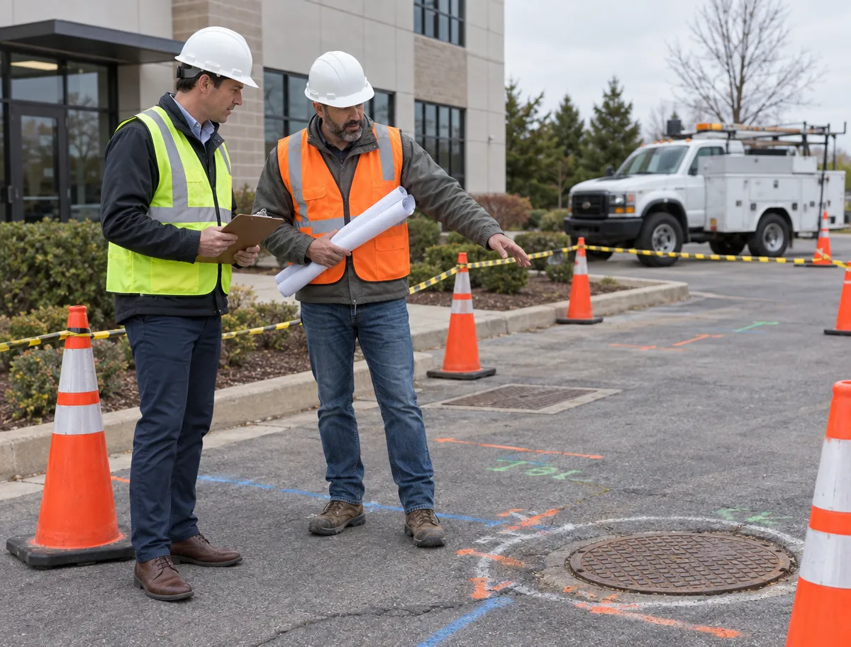 Two construction workers in safety gear discuss plans at a marked construction site near traffic cones, a building, and a utility truck. One points toward a manhole cover on the ground.