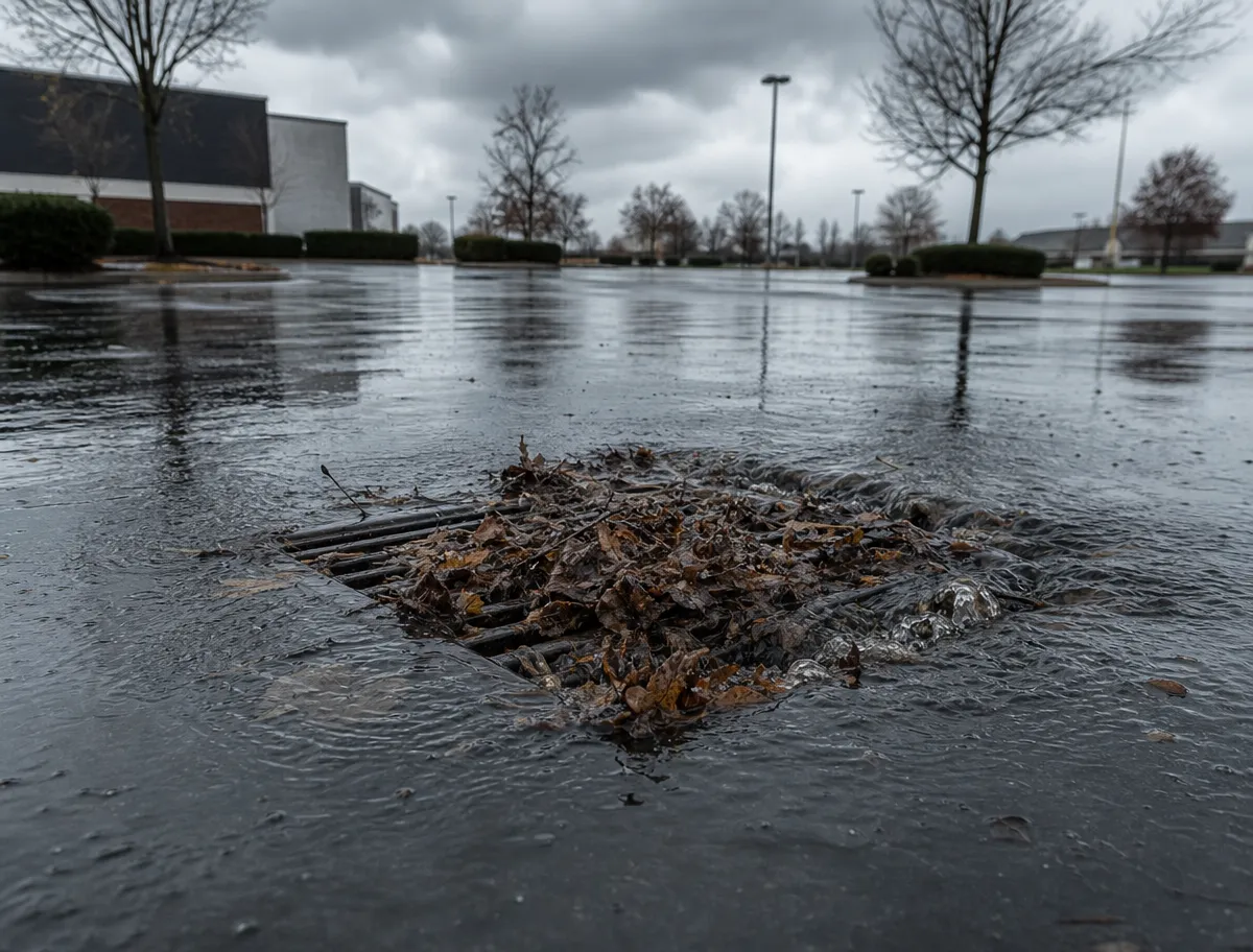 Close-up of wet leaves clogging a storm drain on an empty, rainy parking lot. Puddles reflect overcast skies and bare trees, with buildings visible in the background.