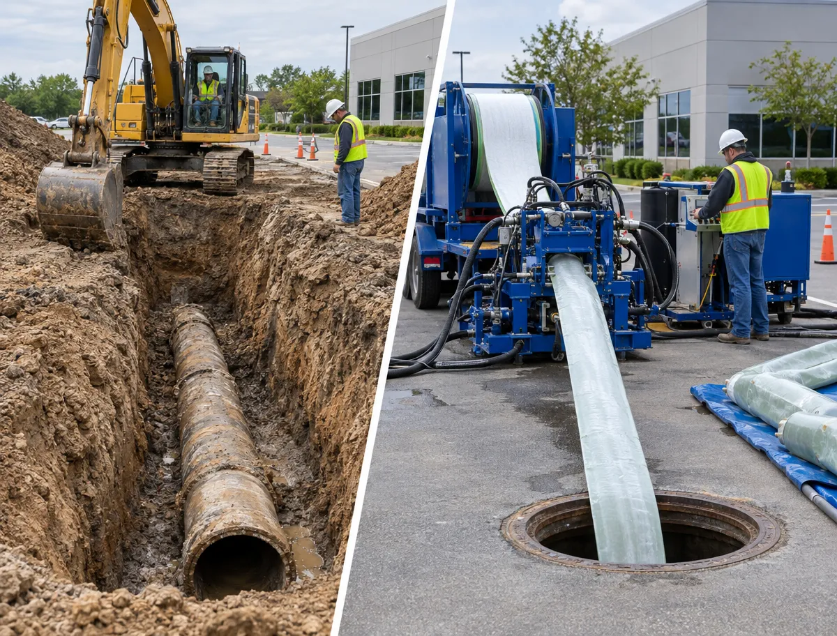 Two scenes: left, workers with an excavator install a large pipe in a trench; right, a worker uses machinery to insert a liner into a sewer pipe via a manhole in a paved area near buildings.
