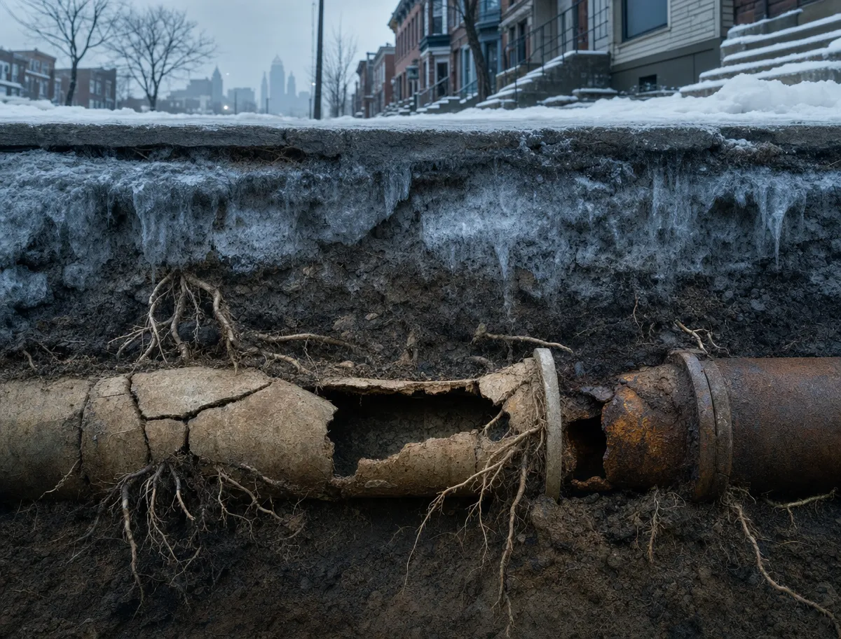 A broken underground pipe with roots growing through the crack. Snow, ice, and houses line the street above, with a city skyline barely visible in the background.