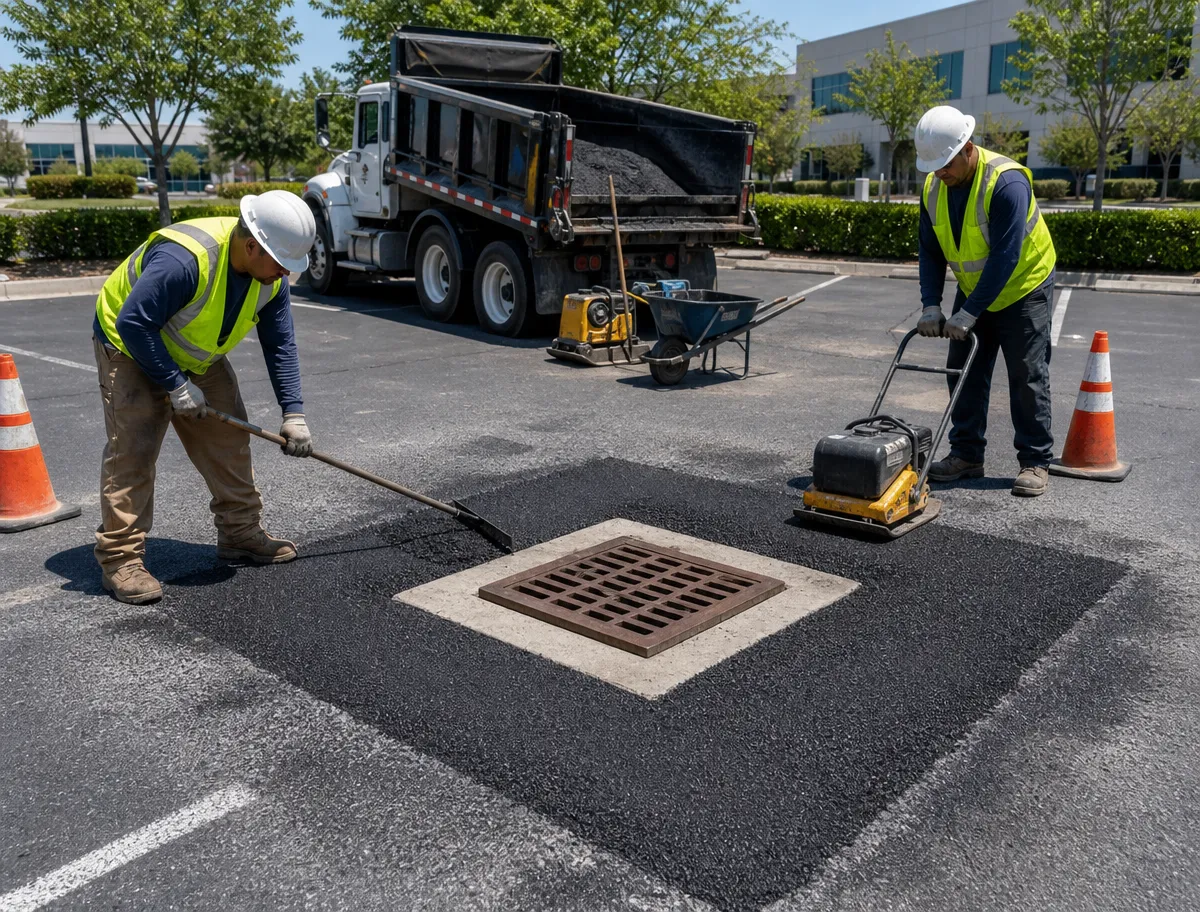 Two workers in safety vests and helmets repair asphalt around a storm drain in a parking lot. Orange cones, a dump truck, and construction equipment are visible nearby.