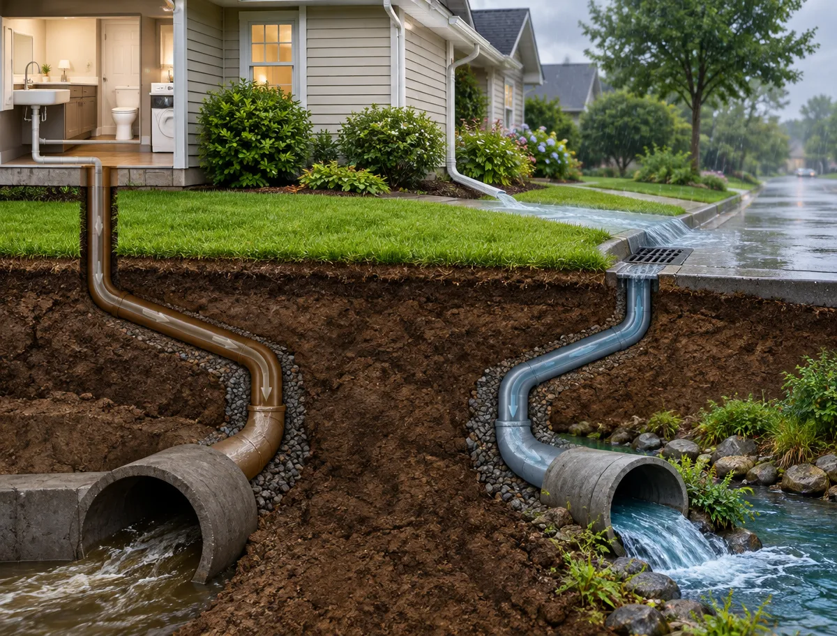Cross-section diagram of a home showing sanitary sewer pipes leading to a main line and a storm drain pipe directing rainwater into a creek.