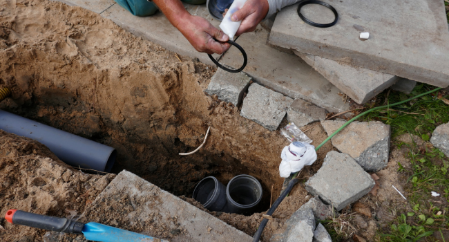 A person working on underground plumbing, connecting pipes in a dirt trench with tools and concrete slabs nearby, possibly from an ohio concrete recycling project. Rubber gaskets and pipe fittings are visible.